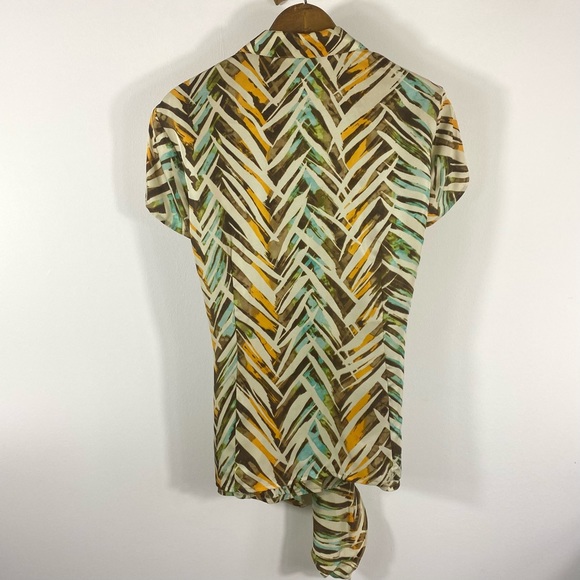 Silk Summer Tie Front Blouse Cap Sleeve Abstract Print Aqua Orange Brown… - Picture 2 of 8